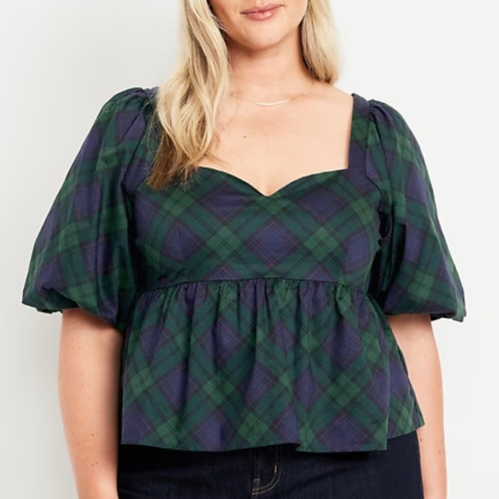 NWT Old Navy Puff-Sleeve Plaid Peplum Top - 2X